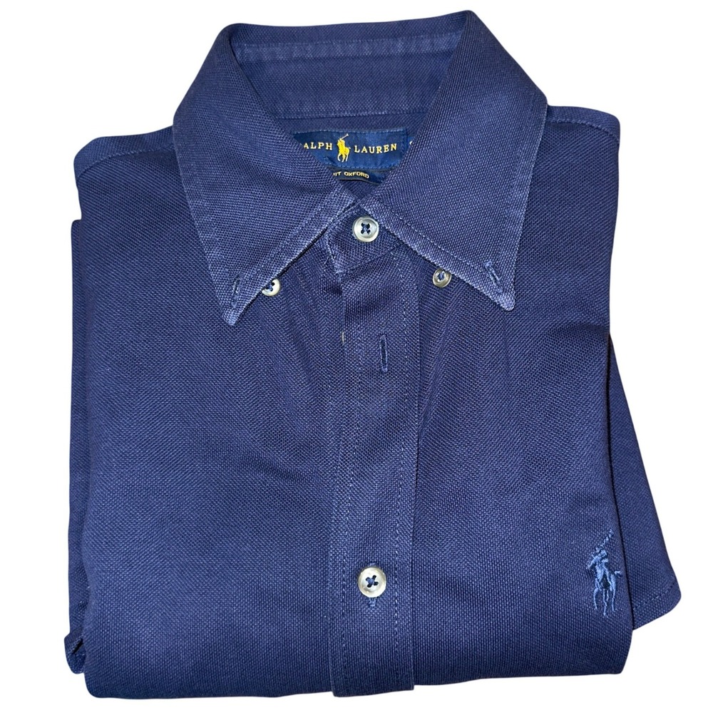 Ralph Lauren Knit Oxford Men's Navy Blue Long Sleeve Button-Up 100% Cotton Shirt